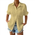 thumbnail image 1 of Camisa Estilo Boyfriend A Rayas Fruncidas para Mujer, Informal, con Cuello Corto, Mangas , Botones y Bolsillo, Color Amarillo XXXL, 1 of 7