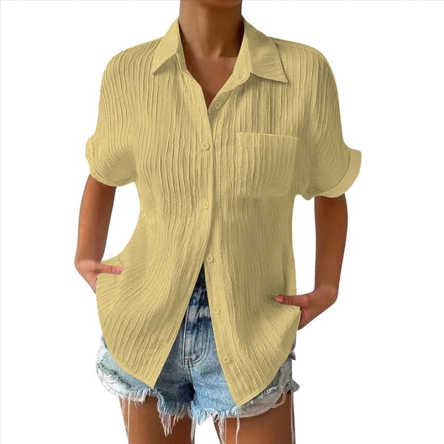 Camisa Estilo Boyfriend A Rayas Fruncidas para Mujer, Informal, con Cuello Corto, Mangas , Botones y Bolsillo, Color Amarillo XXXL
