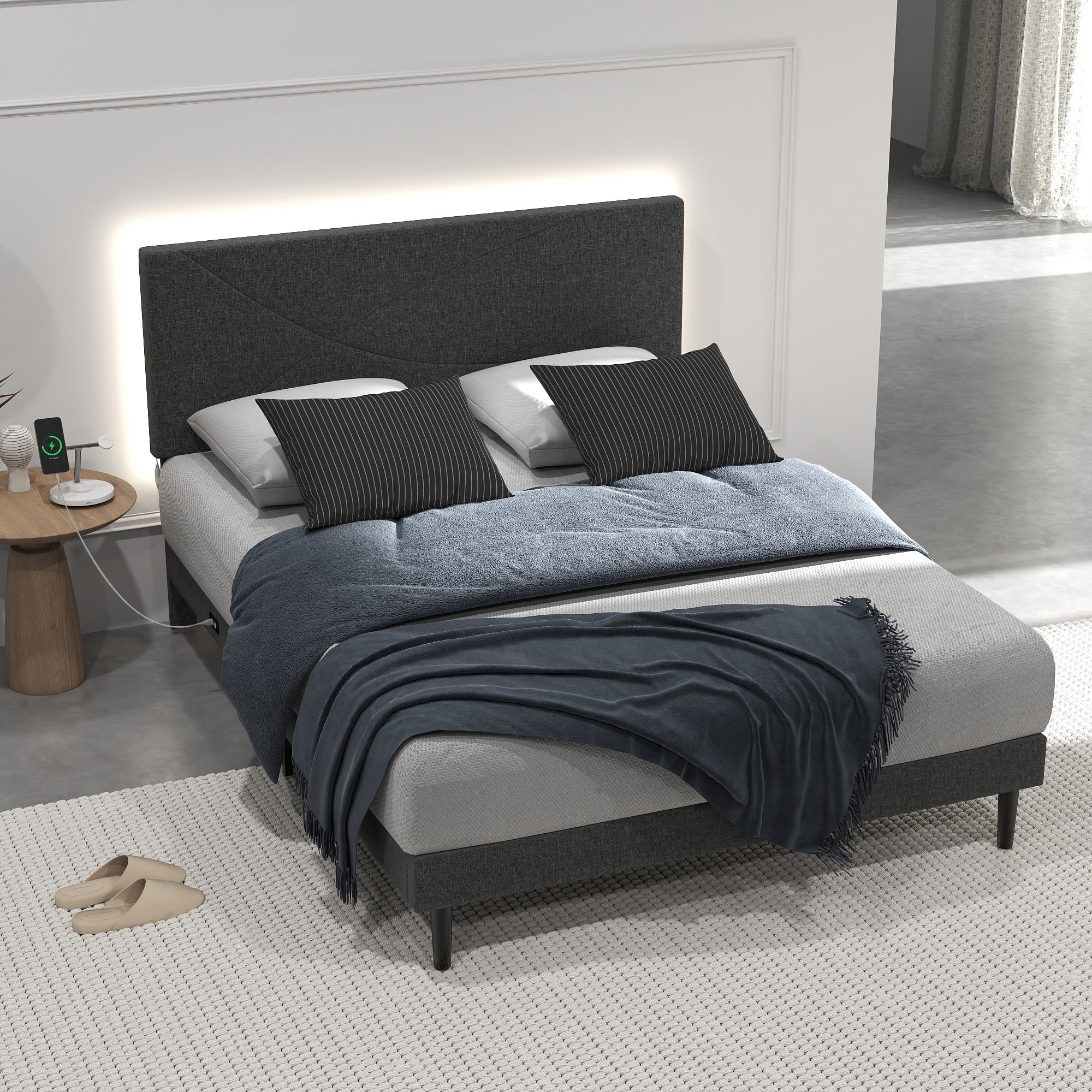 Homy Casa Queen Bed with Adjustable Folding Tray Table Bedroom Set