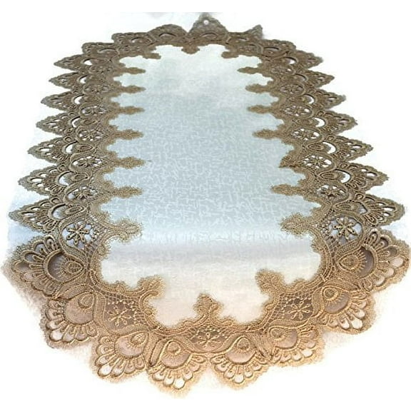 Doily Boutique Table Runner with Gold European Lace and Antique Fabric, Size 34 x 15 inches