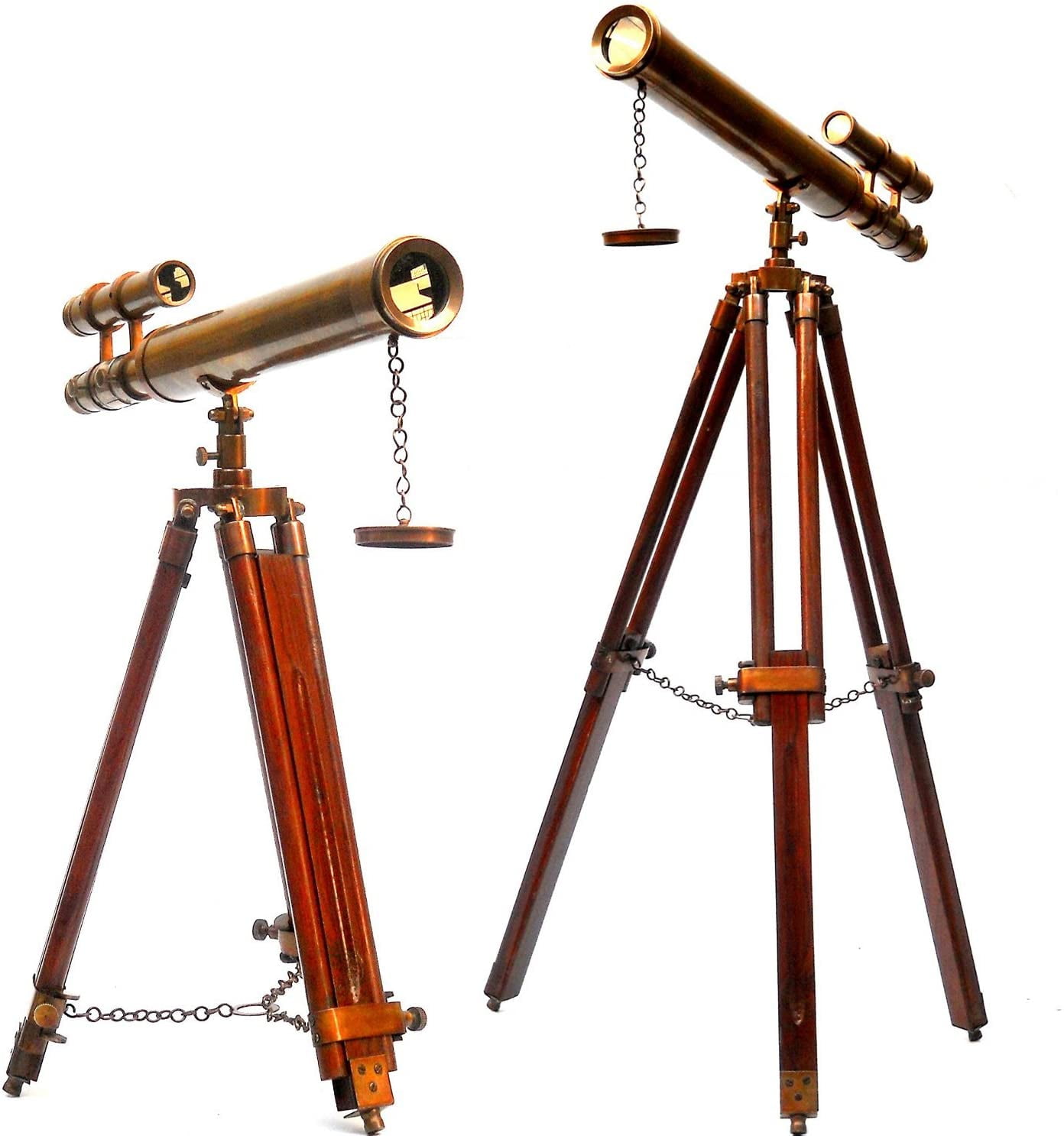 Antique Brown Leather Double Barrel Telescope With Tripod Stand 