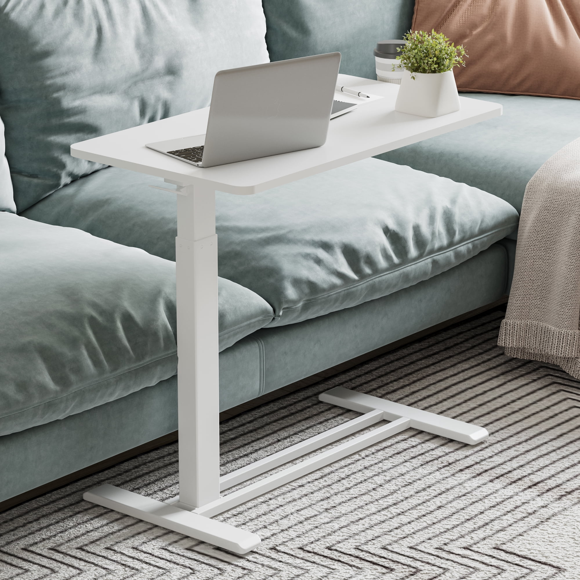 FitStand Height Adjustable Medical Bed Table with Hidden Casters, Rolling Laptop Desk with Cup Holder, Small Pneumatic Sit Stand Desk for Home Office, Sofa or Bedside Use, 32"x18", White
