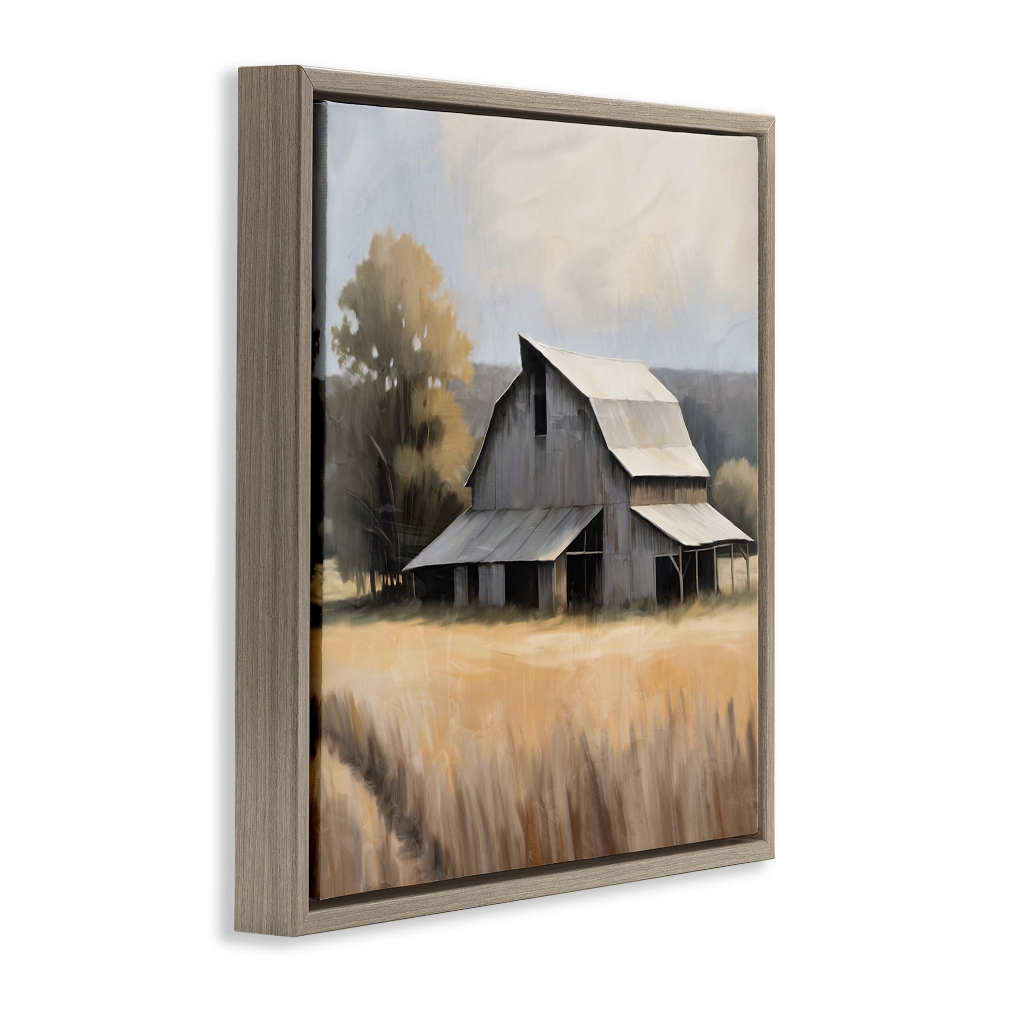 Stupell Industries Peaceful Barn in Field Landscape Painting Brown Floater Framed Canvas Art Print Wall Art, 25 x 25