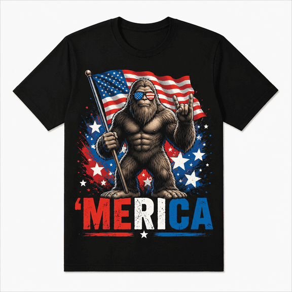 Patriotic Bigfoot American Flag Sunglasses Graphic T-Shirt for Men Women Funny Sasquatch USA Independence Day Tee 4th of July Gift Casual Short Sleeve Graphic Shirt