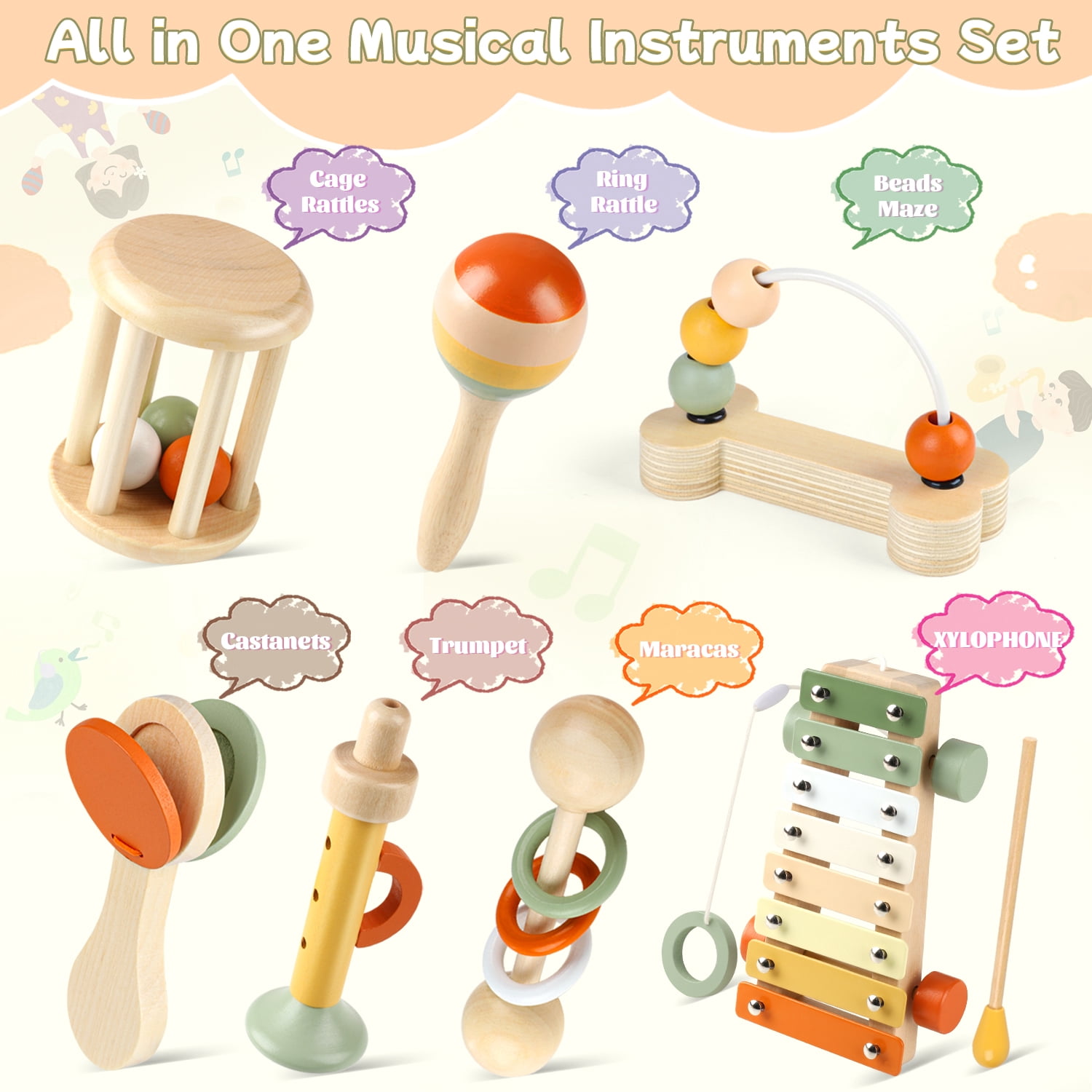 Carsky 7-in-1 Wooden Baby Music Toy Kit, Rattles, Xylophone, Beads Maze & More, Educational Sound Activity Set for Infants Toddlers 1-3