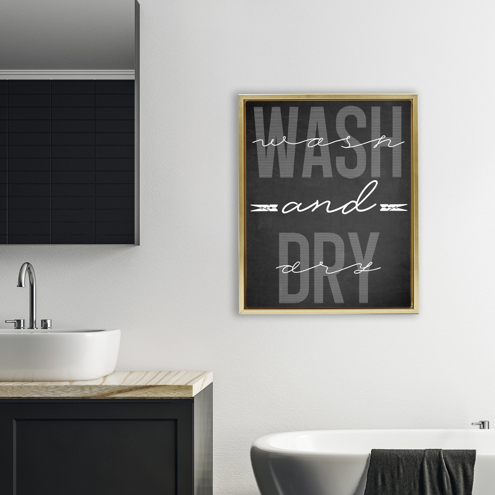 Wash And Dry Black Minimal Gold Framed Floater Canvas Wall Art, design by Marcus Prime