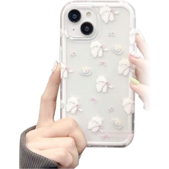 Designed for iPhone Case,2in1 Cute Cat Pattern Camera Lens Protection Shockproof Protective Cover Phone Case (iPhone 15 Pro,White)