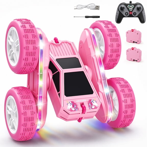NEXKEX Pink Unicorn Remote Control Stunt Car for Kids, Double-Sided RC Car with Light-Up Wheels, Birthday Gift for Girls Kids 3-12