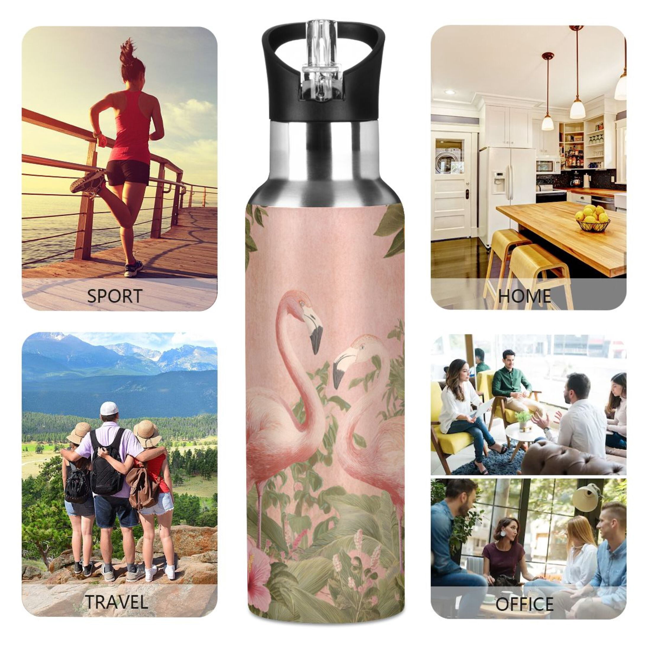 1000ml Vacuum Insulated Sports Water Bottle with Foldable Straw Stainless Steel Portable Thermos Cup Flamingos in Tropical Garden