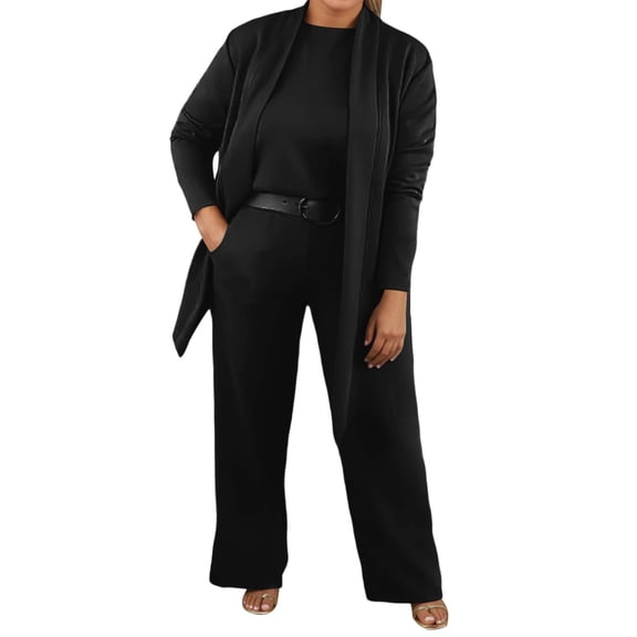 sususu Airport Outfits for Women 2025,Sweat Set Women's Solid Color Casual Tunic Top Straight Leg Trousers Mid Long Jacket Three Piece Suit Set For Everyday And Outdoor Wear - Black