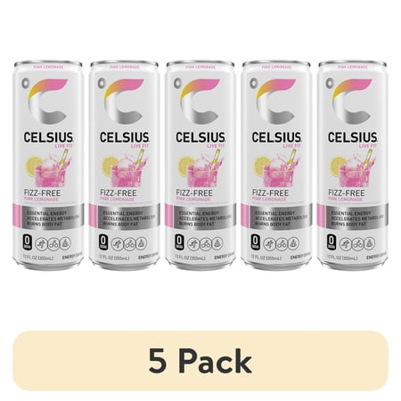 (5 pack) CELSIUS Fizz Free Pink Lemonade, Functional Energy Drink 12 fl oz Single Can