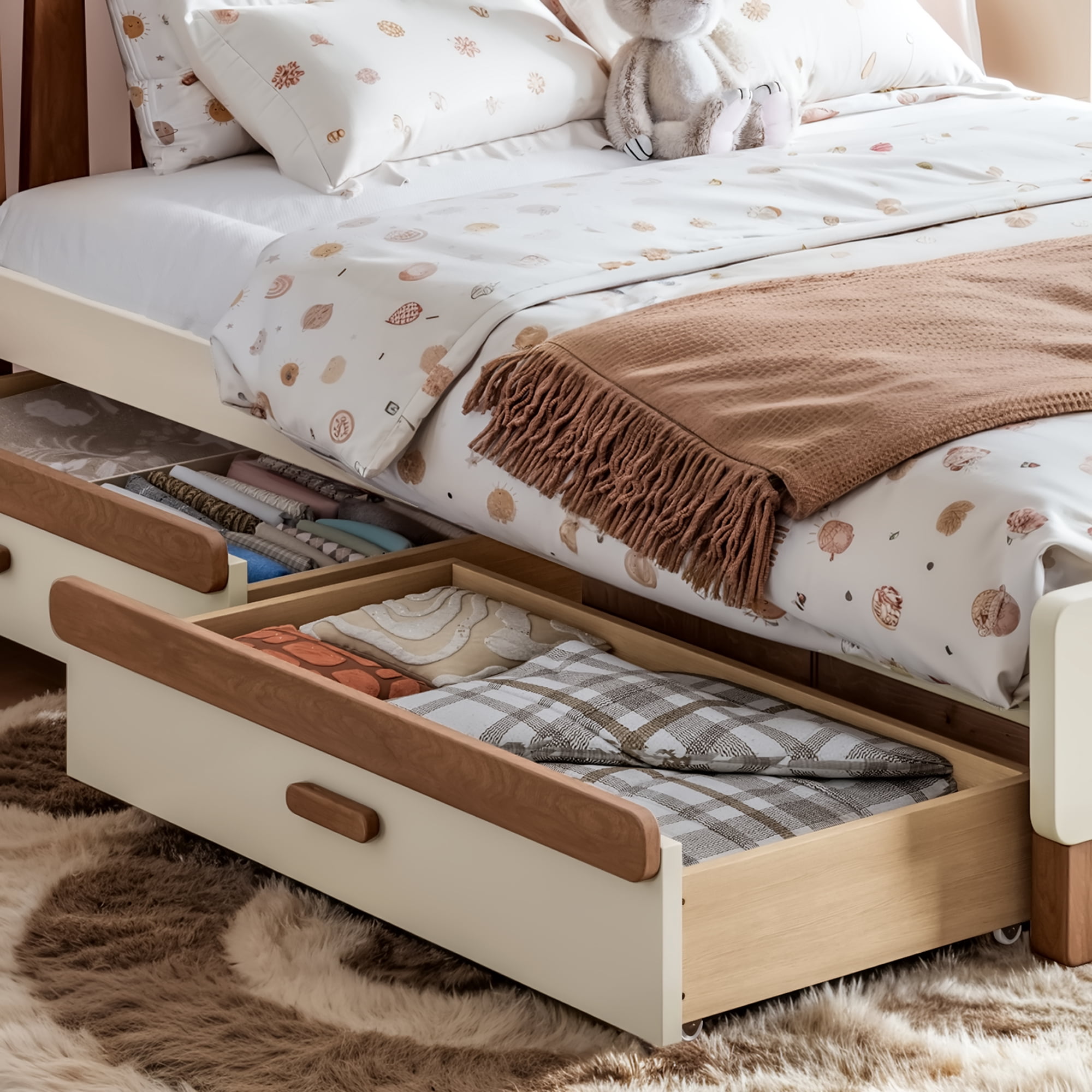 Mintazer Kids Full Size Platform Bed Frame with 2 Storage Drawers & Curved Round Headboard, No Box Spring Needed, Brown & Beige