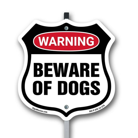 Dog Warning Shield Sign Beware Of Dogs 12 inch X 12 inch Shield Shaped Rust-Free Aluminum Metal Sign with Aluminum Mounting Stake Weather Resistant, UV Protected for Workplace Made in
