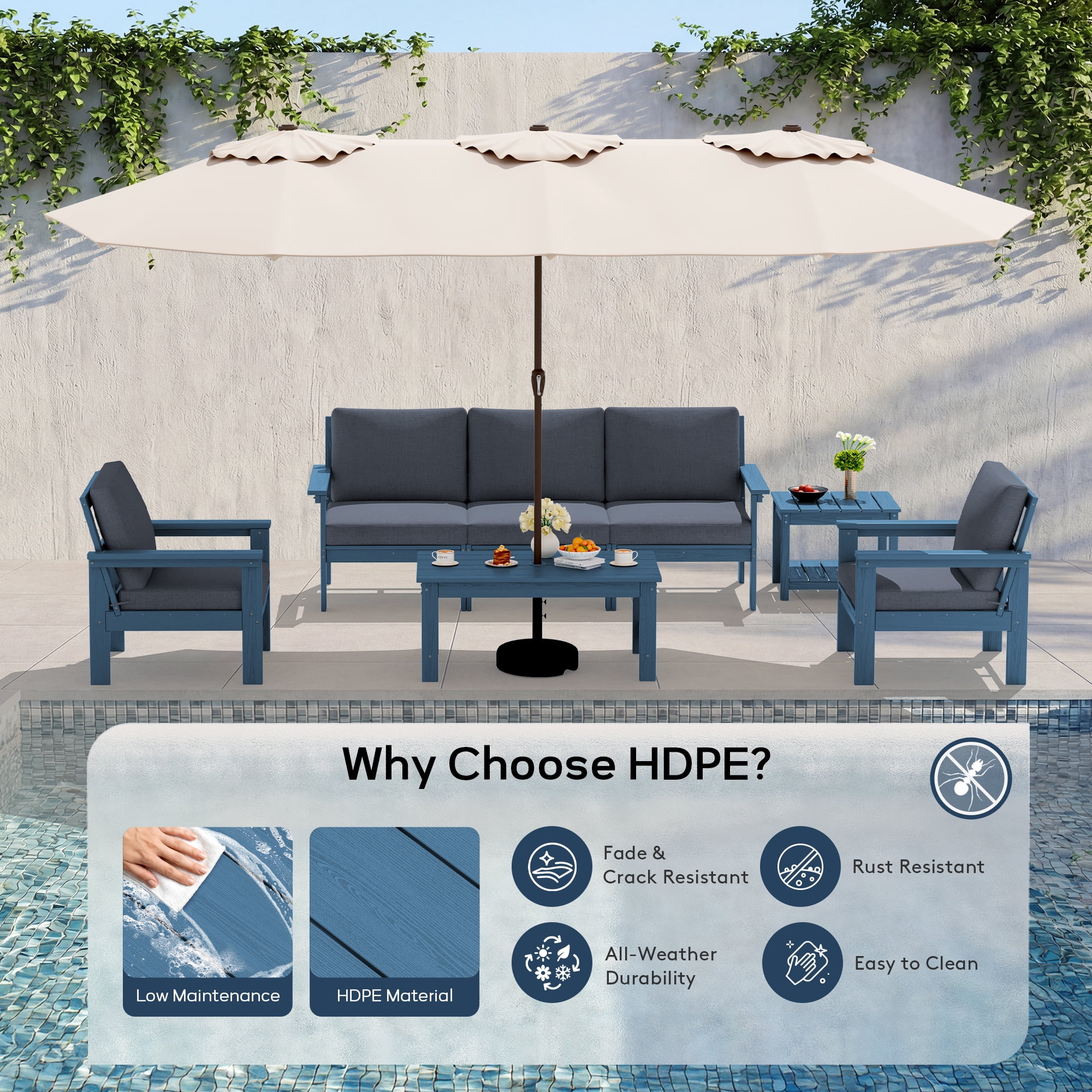 SERWALL Outdoor Patio Furniture Set, 7-Piece HDPE Outdoor Sofa Set Patio Conversation Set, Blue Frame with Grey Cushions