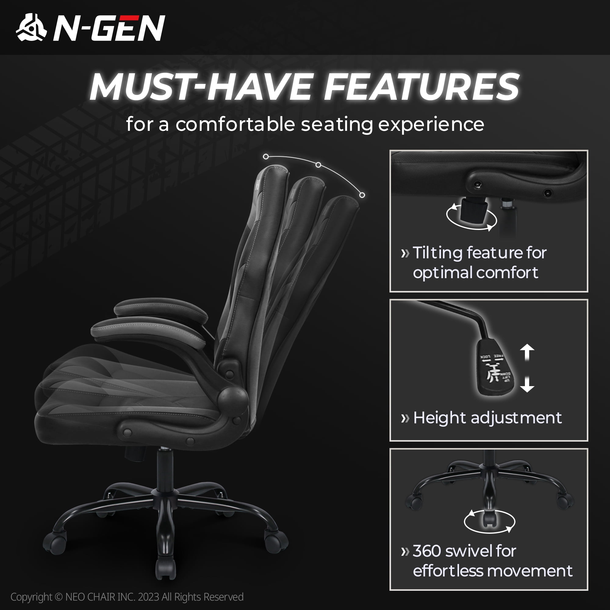 N-GEN Video Gaming Chair Ergonomic Computer Desk Office Chair with Lumbar Support Adjustable Height Swivel Wheels Flip-Up Arms PU Leather Home and Office (Grey)