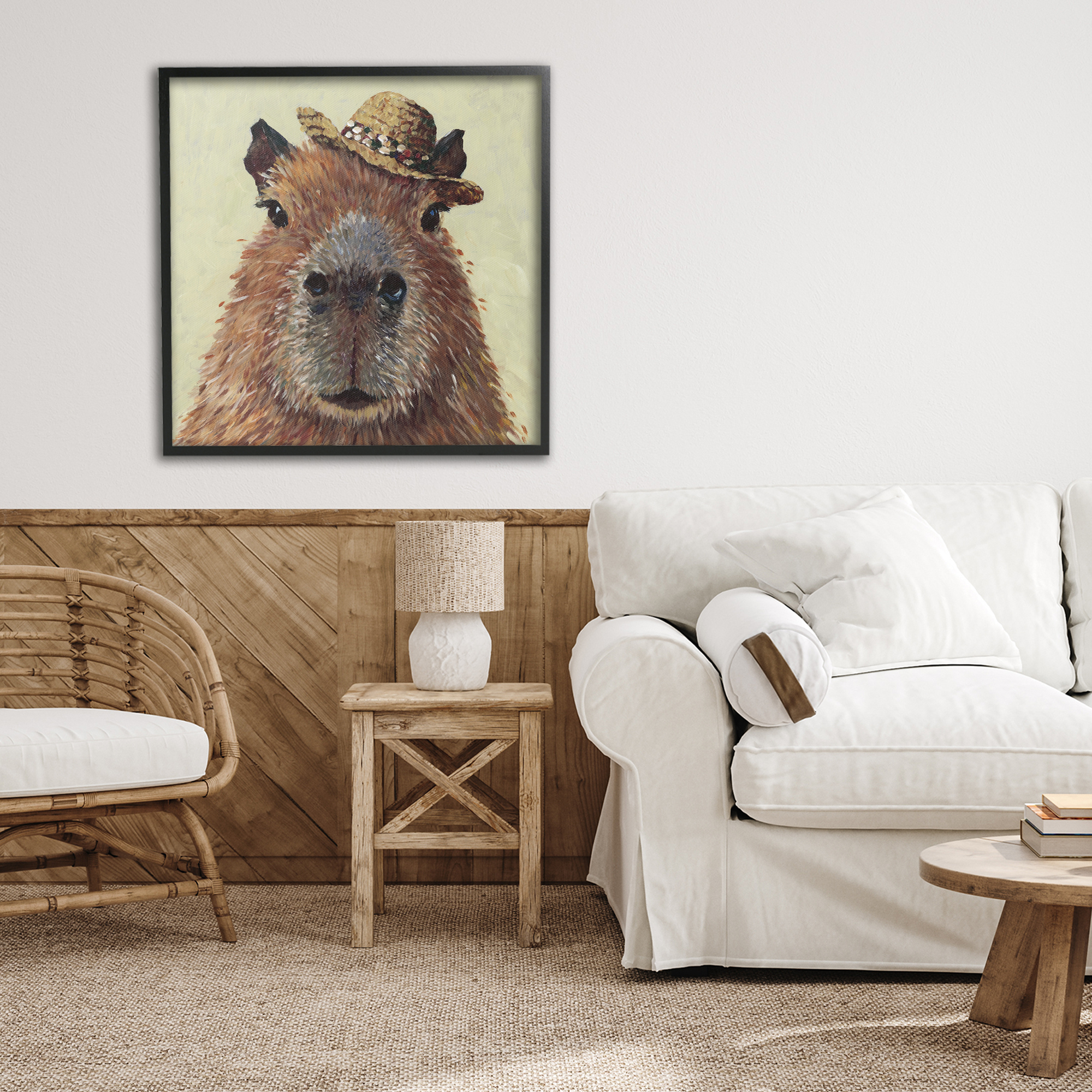 Stupell Industries Capybara with Straw Hat Black Framed Giclee Art, design by Studio Bautista