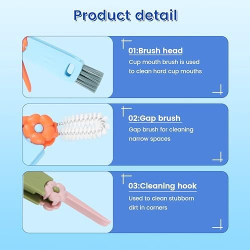 3 in 1 Cup Lid Cleaning Brush, 180° Rotatable Bottle Brush Gap Cleaner, Multifunctional Crevice Cleaning Brush Set for Baby Bottle, Water Bottle, Tumbler & Kitchen Mugs, 6 Pack Hangable