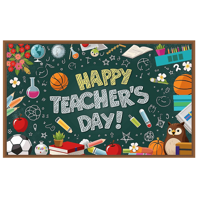 Chalkboard Theme Happy Teacher's Day Banner School Supplies Backdrop Classroom Decoration for Teacher Appreciation Event School Party Gift