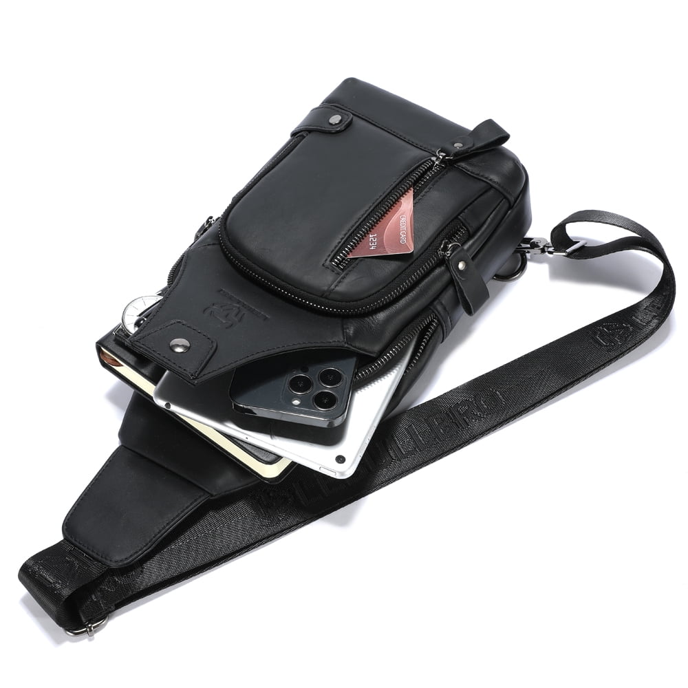 LEBULLBRO Sling Bag for Men Genuine Leather Chest Bag Crossbody Backpack Travel Hiking Outdoor Sports Black