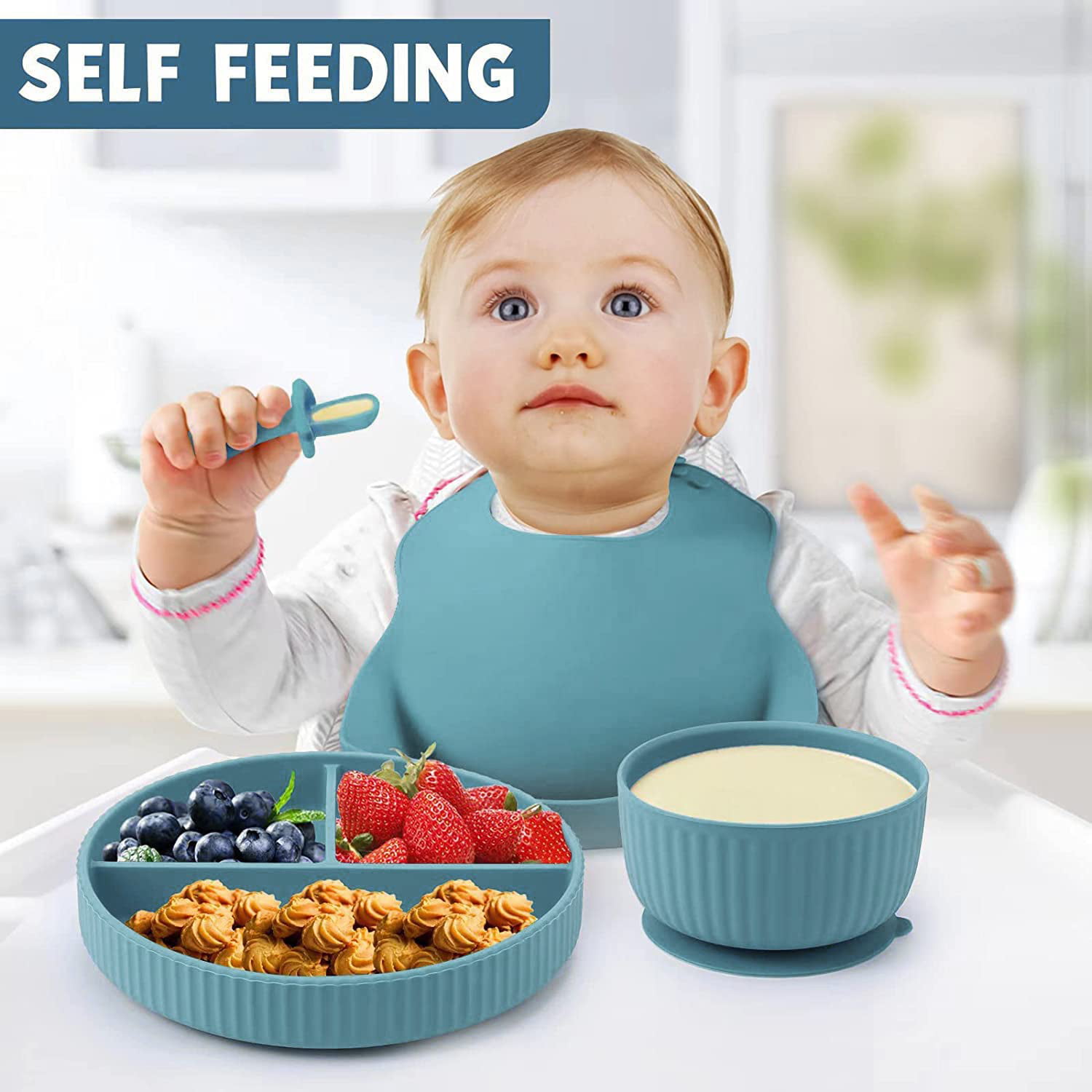  Blue Gray-10 Piece Silicone Baby Feeding Set-Baby Led