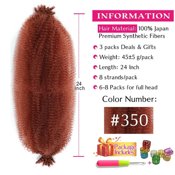 WEIF-Afro Twist Hair Springy Afro Twist Hair 24 Inch 3 Packs Pre Fluffed Spring Twist Hair Pre Stretched Wrapping Hair for Soft Locs Hair Extensions (24 Inch (Pack of 3), 350#)
