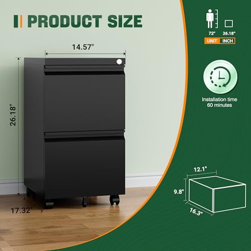 Letaya Mobile File Cabinet with Lock,2 Drawer Under Desk Metal Rolling Filing Cabinets for Home Office Organizer Letters/Legal/A4(Fully Assembled-Black)