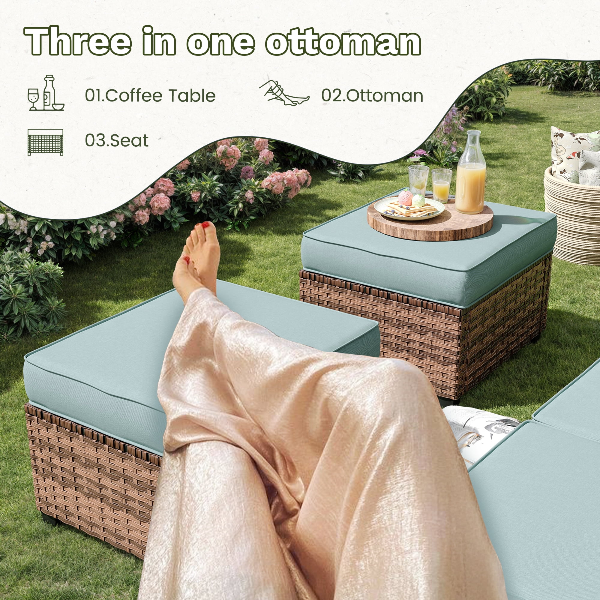 Poteban Patio Furniture Set with 44" Fire Pit Table, 6 Pieces Outdoor Sectional Conversation Sets, All-Weather Wicker Rattan Sofa Ottoman with 4" Thick Cushion for Garden Backyard Deck, Light Blue