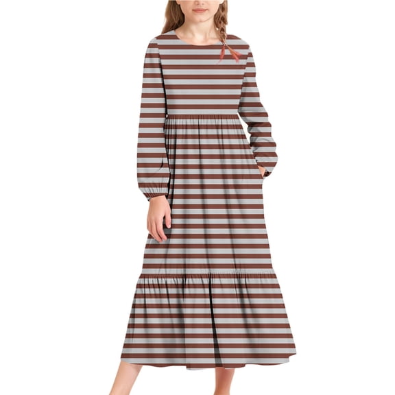 Babcutegg Dresses for Kid Girls Long Sleeve Comfortable A Line Graphic Pattern Side Pockets Girls Fall and Spring Dresses Coffee Size 8-9