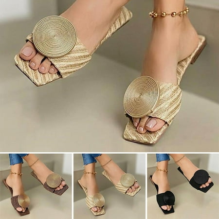 

Solid Round Buckle Decoration Flat Sandals Fashion Women Flat Sandals Beach Slides For Women 40 Coffee