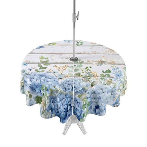 Outdoor Tablecloth with Umbrella Hole for Patio/Picnic/Party/Camping, Blue Hydrangea Waterproof Table Cloth Round Cover Washable, Spring Summer Eucalyptus Wooden (Dia 60")