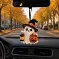 thumbnail image 4 of Hovilon Mini Handmade Knit Ghost Hanging Ornament, Cute Crochet Witch Hat Pendant with Pumpkin Bucket, Soft Cotton Car Rearview Mirror Decor, Spooky Holiday Party Bag Accessory, Fall Home Gift, 4 of 9