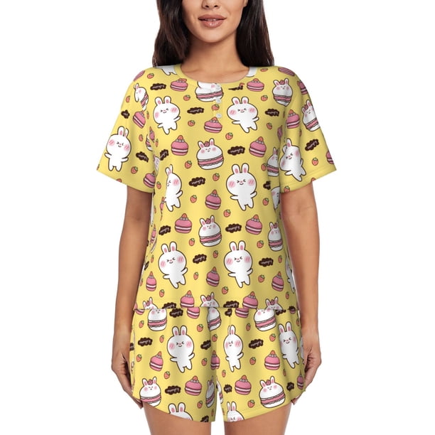 Balery Rabbit Hunger Conjunto de Pijama para Mujer con Estampado, Dos Piezas de Manga Corta y Shorts, Ropa de Dormir Suave con Cuello Redondo y Bolsillos-Large