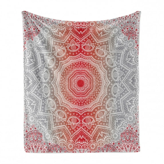 Ethnic Soft Flannel Fleece Throw Blanket, Eastern Cultural Folk and Mystic Boho Ombre Mandala Art Design Illustration, Cozy Plush for Indoor and Outdoor Use, 50" x 70", Grey Red, by Ambesonne