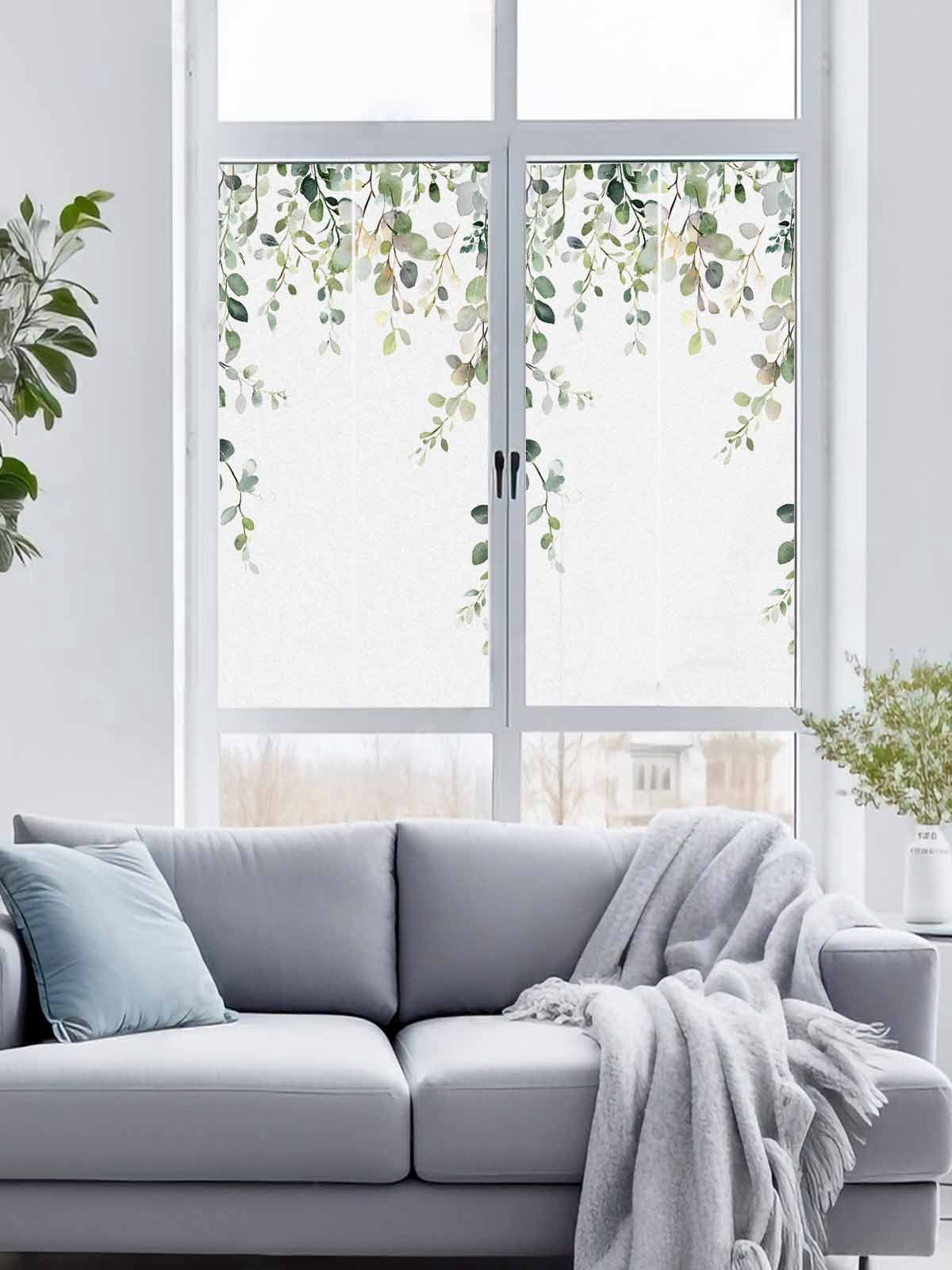 Removable Glass Window Covering, Eucalyptus Leaves Window Privacy Film Frosted, Pastoral Farmhouse Spring Botanical Decorative Privacy Windows Film for Bedroom, Living Room, 19.6 x 39.3 Inches