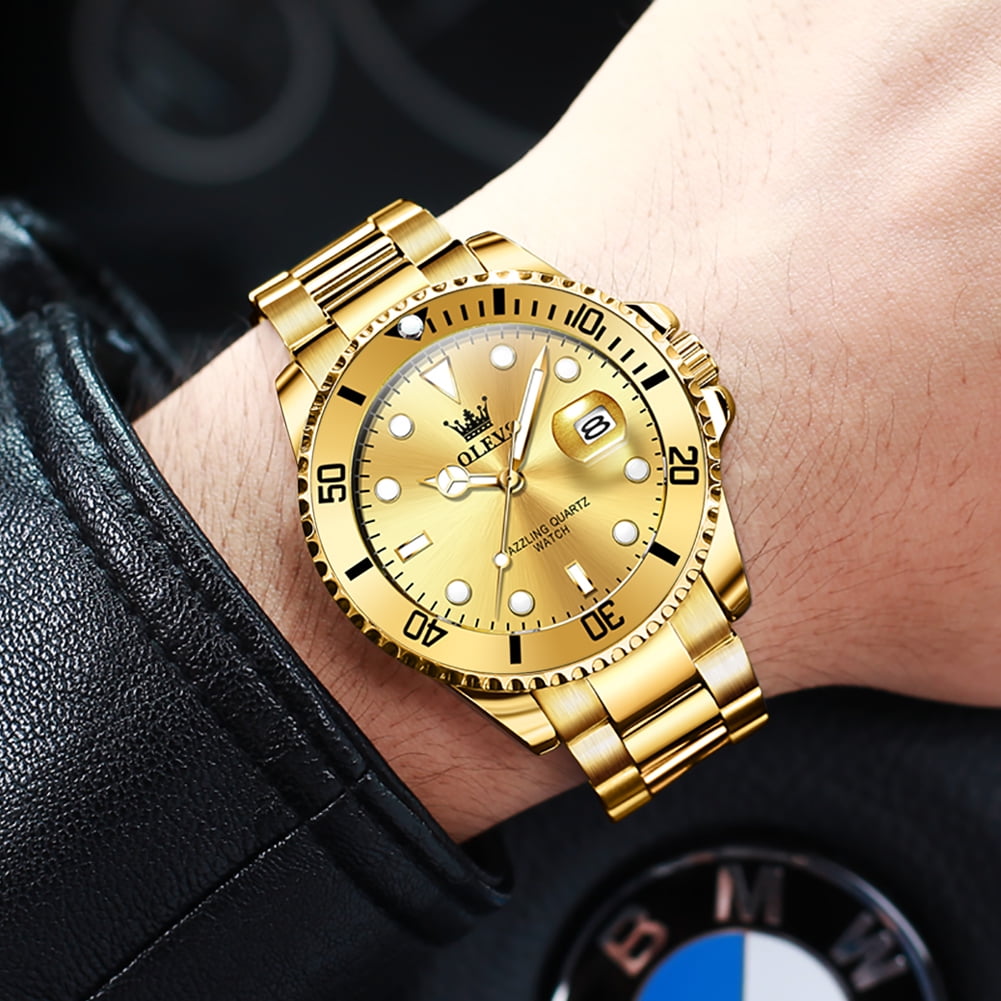 OLEVS Watches for Men Business Dress Luxury Casual Analog Quartz Stainless Steel Waterproof Luminous Date Men Wrist Watches reloj para hombre Gold Dial