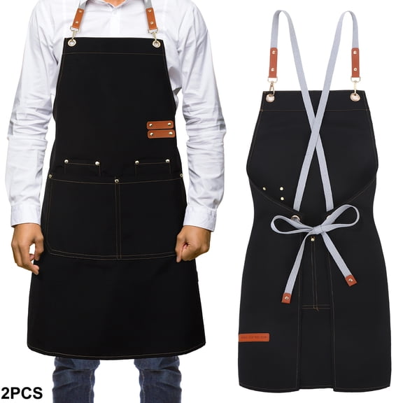 AOWOO Canvas Apron with Pockets, 2 Pack Adjustable Cross Back Work Apron for Men & Women Cooking, Gardening, Woodworking, BBQ, Grilling