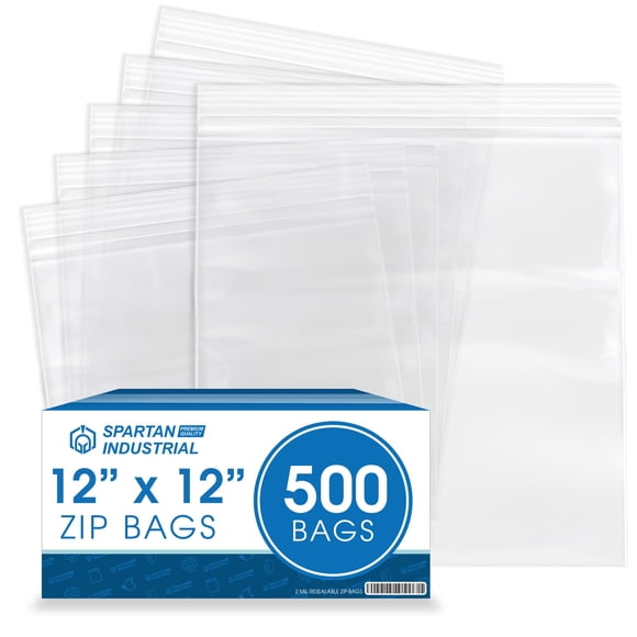 Spartan Industrial - 12” X 12” (500 Count) 2 Mil Clear Reclosable Zip Plastic Poly Bags with Resealable Lock Seal Zipper