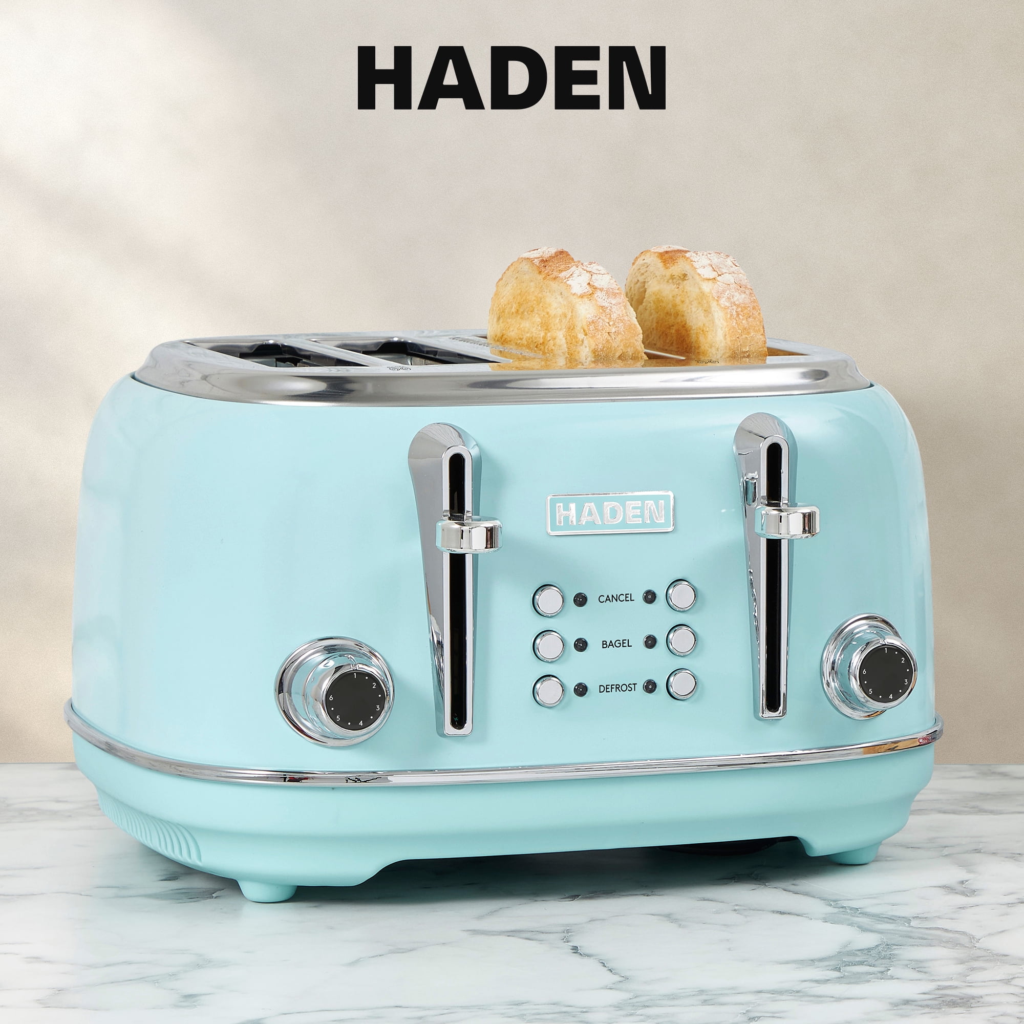 Haden Coffee Maker & Heritage 4 Slice Wide Toaster, Turquoise & Chrome