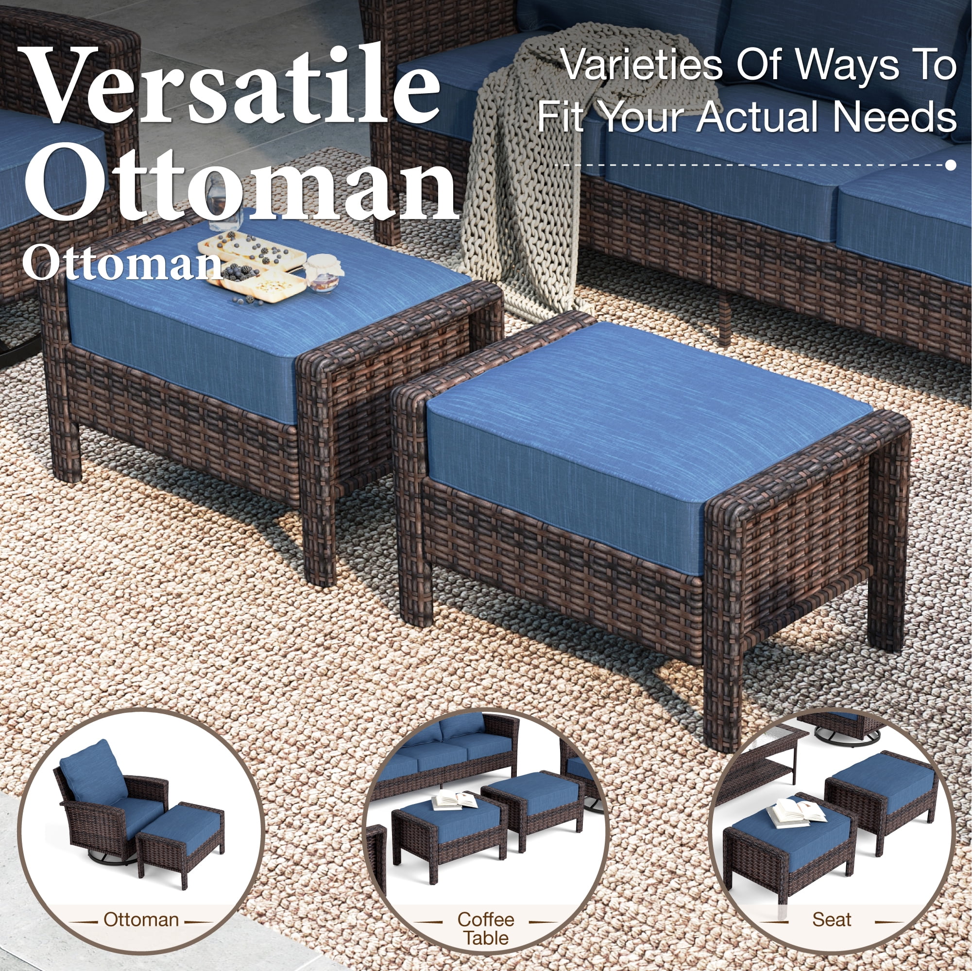SUMMIT LIVING 7-Seat Wicker Patio Furniture Set with 2 Swivel Chairs & 3-Seat Sofa with 2 Ottoman, Outdoor Sectional Conversation Set for Garden, Blue