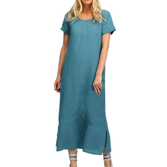 Summer Dresses For Women 2025 Sevevn Women's Summer Short Sleeve Linen Dress Loose A-Line Party Sundress Button Dress