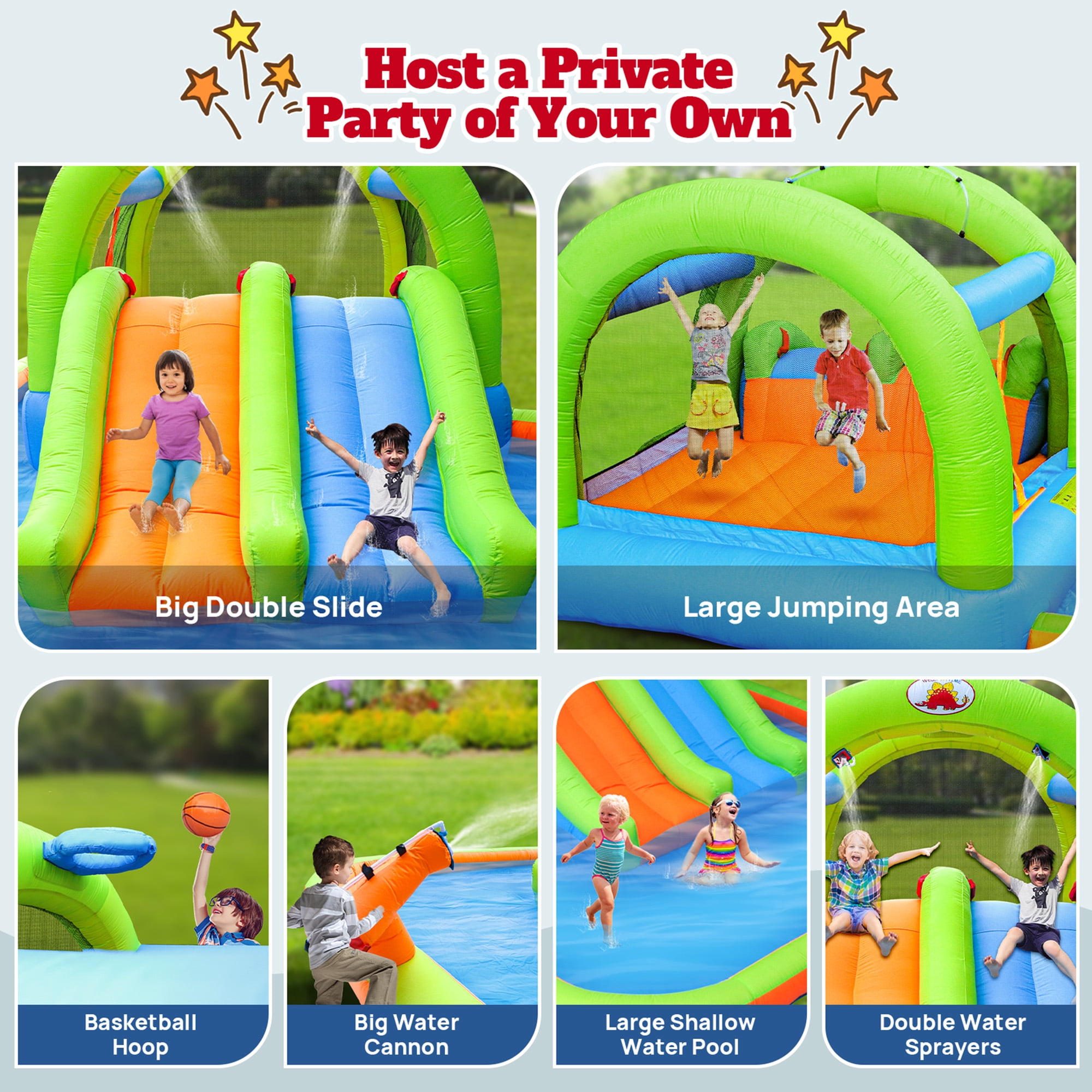 WELLFUNTIME Inflatable Water Slide, Bounce House with Blower, Splash Pool, Water Cannon, Water Park for Kids Backyard Summer Fun