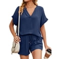 thumbnail image 4 of ZXZY Women Notch V Neck Short Sleeve Top Drawstring Shorts Loungewear Sets, 4 of 7