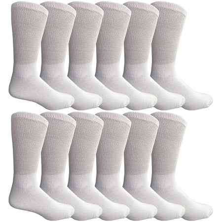 Mens Diabetic Loose Top - 12 Pair King Size Mens Diabetic Crew Socks, Loose Fit Top Soft Cotton (White, King 13-16)