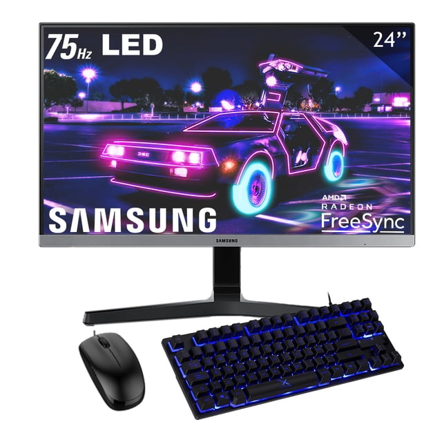 monitor Samsung 24" negro, pantalla sin bordes en 3 lados y soporte en Y, vista frontal Full HD 1920 x 1080 con indicador 75 Hz y logo FreeSync en pantalla; teclado y mouse negros en primer plano; ideal para configuraciones de monitor dual y gaming, y también suele usarse para estaciones de trabajo multimedia.