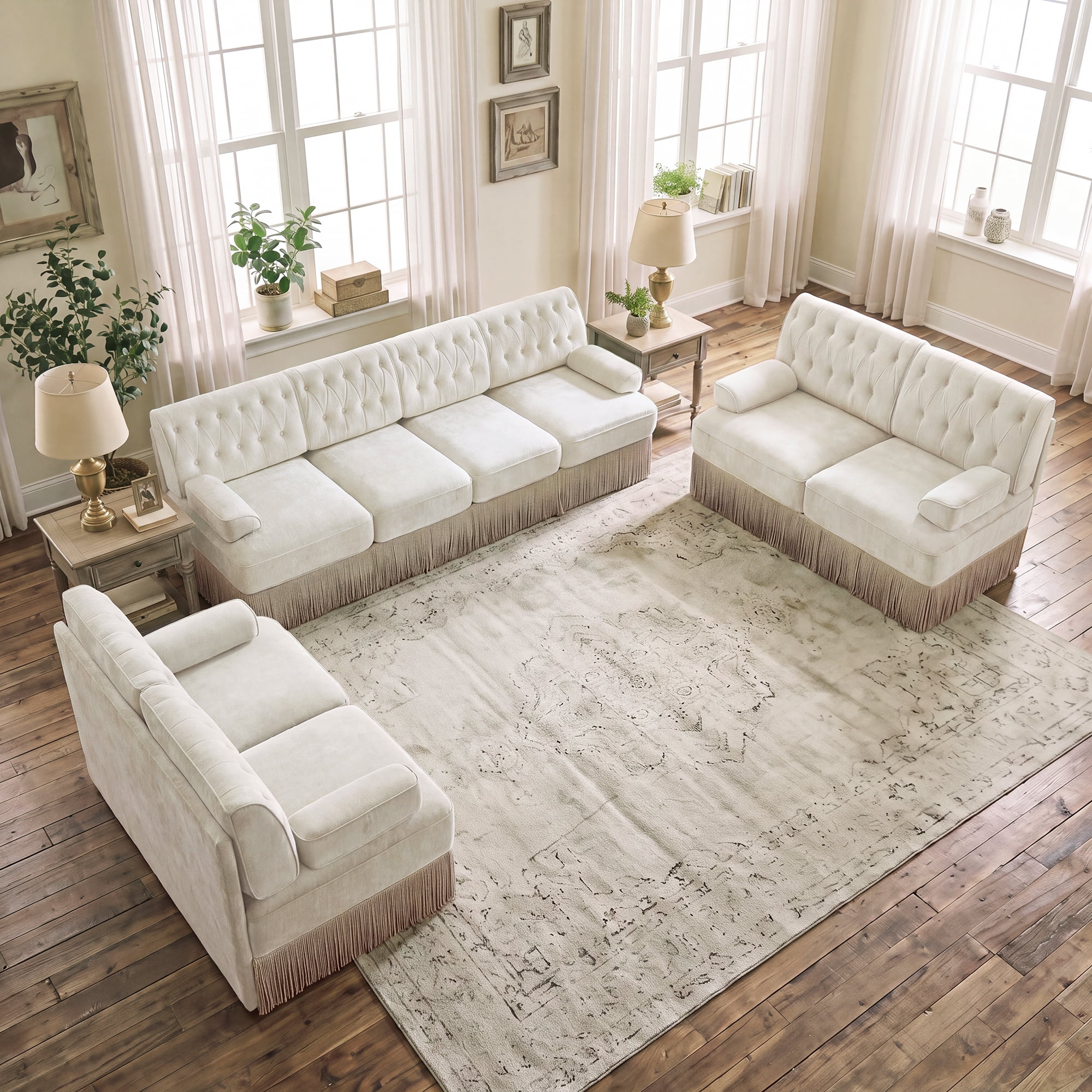 3‑Piece Sectional Sofa Set, 2 Pcs Loveseat & 1 Pcs 135" 4‑Seater Sofa Couch Set with Tassel Skirt