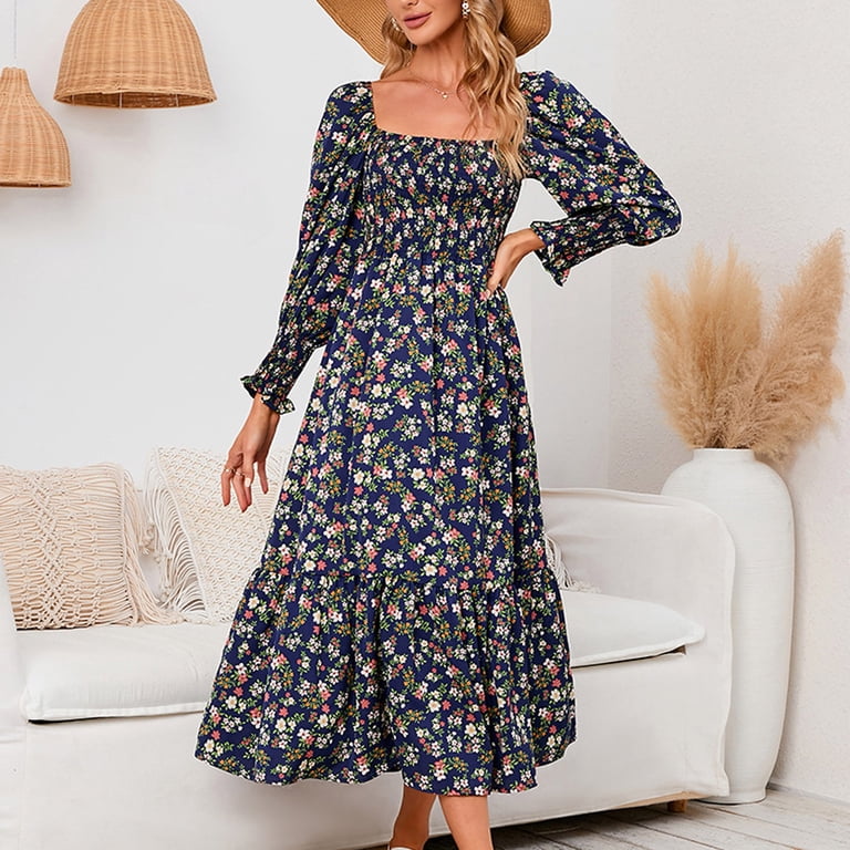 GUZYING Navy Dresses for Women Puff Long Sleeve Printing Floral Pattern Holiday Dress Square Neck Fit And Flare Trendy Vacation Casual Sun Dress Maxi