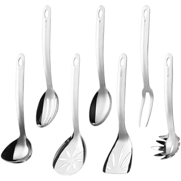 Stainless Steel Cooking Utensils Set, 7PCS Kitchen Utensils Set, Durable Kitchen Utensils - Meat Fork, Solid Serving Spoon, Ladle, Pasta Fork, Skimmer, Slotted Serving Spoon, Slotted Spatula