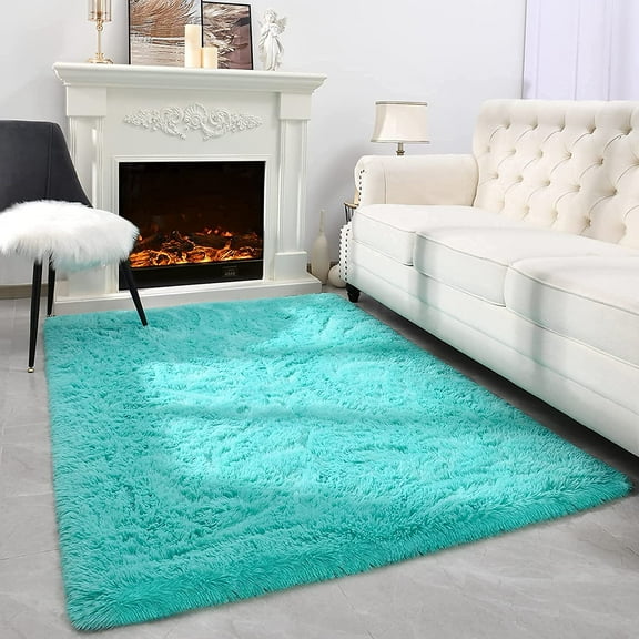 YJ.GWL Soft Fluffy Area Rug Plush Shaggy Rugs Fuzzy  Carpet for Living Room Bedroom Nursery Home Decor, 4'x5.3',Teal Blue