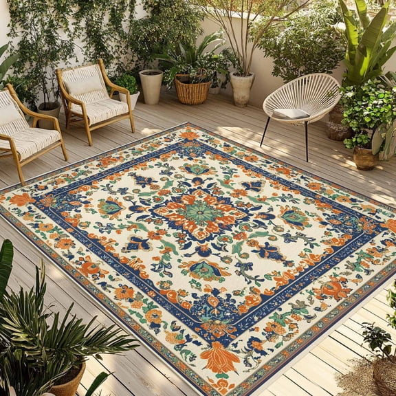 Fsddascl Orange Blue Green Southwestern Outdoor Rug for Patio/Deck/Porch, Non-Slip Large Area Rug 4 x 6 Ft, Boho Geometric Ethnic Indoor Outdoor Rugs Washable Area Rugs, Camping Rug Carpet