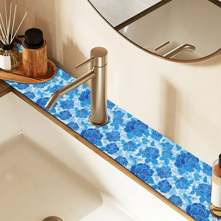

Faucet Mat for Kitchen Sink 30 Sink Splash Guard Mat Super Absorbent Fast Drying Drain Pad Blue Watercolor Roses 2 Pack